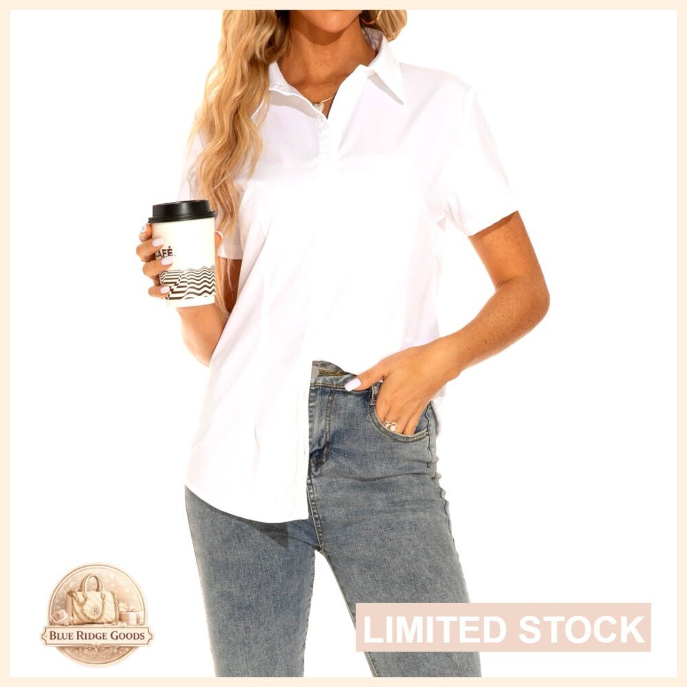Classic-Fit Short Sleeve Button Down Shirt Wrinkle-Free Blouse Office Casual